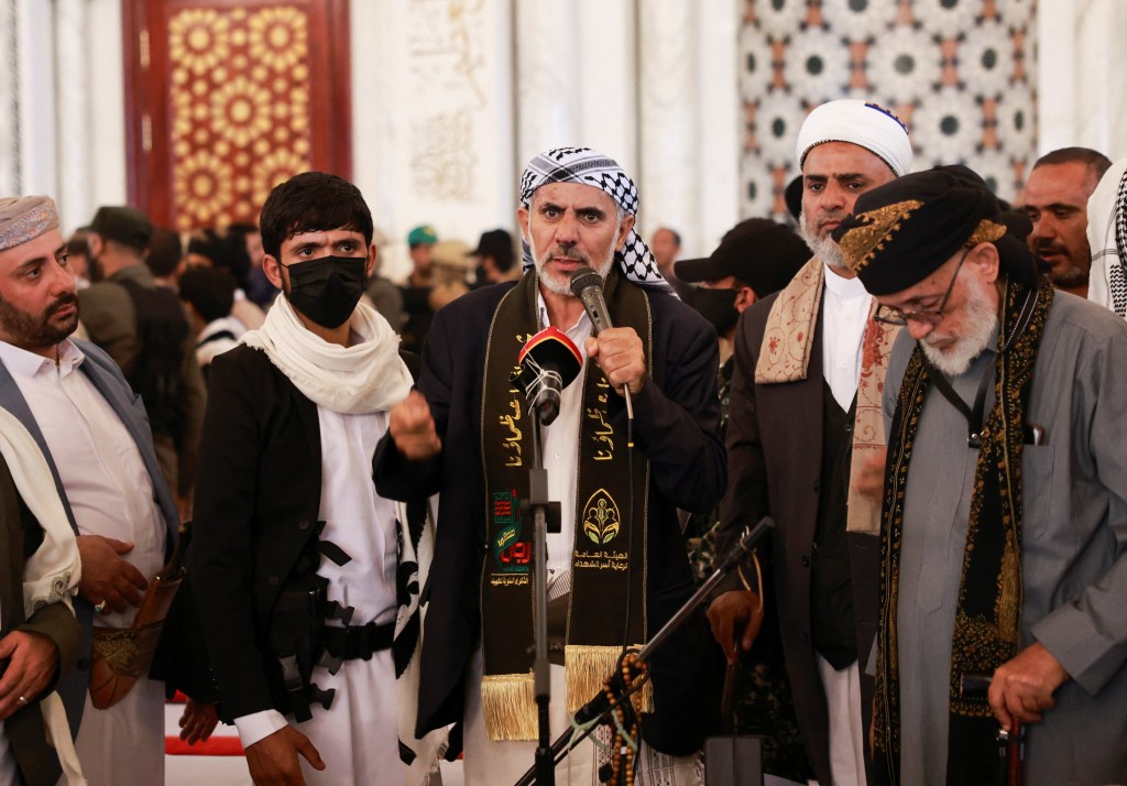 Deputy Prime Minister of Yemen's Houthi-led government Muhammad Ahmed Miftah, who has taken over as the caretaker Prime Minister of the Houthi-led government, addresses the people during the funeral procession of Houthi government officials killed in an Israeli strike, in Sanaa, Yemen September 1, 2025.